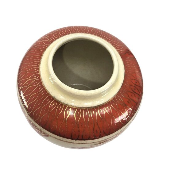 Vintage Japanese Ceramic Ginger Jar With Lid Bamboo Design Rust & Cream JE355 - Picture 5 of 6